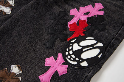 Chrome Hearts Multi Cross Patch Denim Jeans - Grey Gothic Street Pants 1111