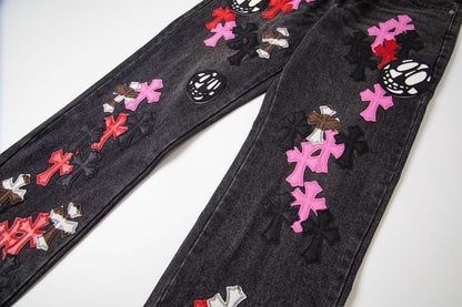 Chrome Hearts Multi Cross Patch Denim Jeans - Grey Gothic Street Pants 1111