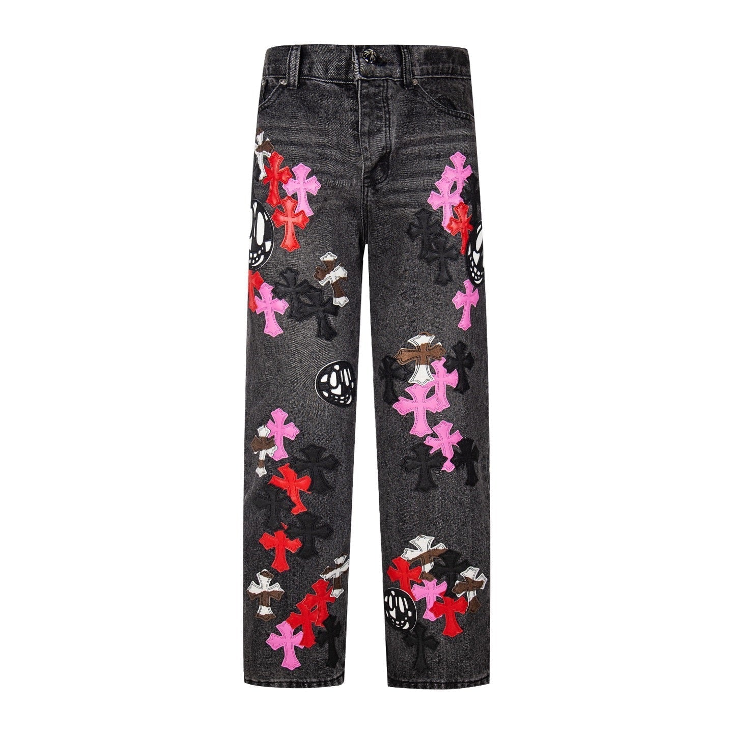 Chrome Hearts Multi Cross Patch Denim Jeans - Grey Gothic Street Pants 1111